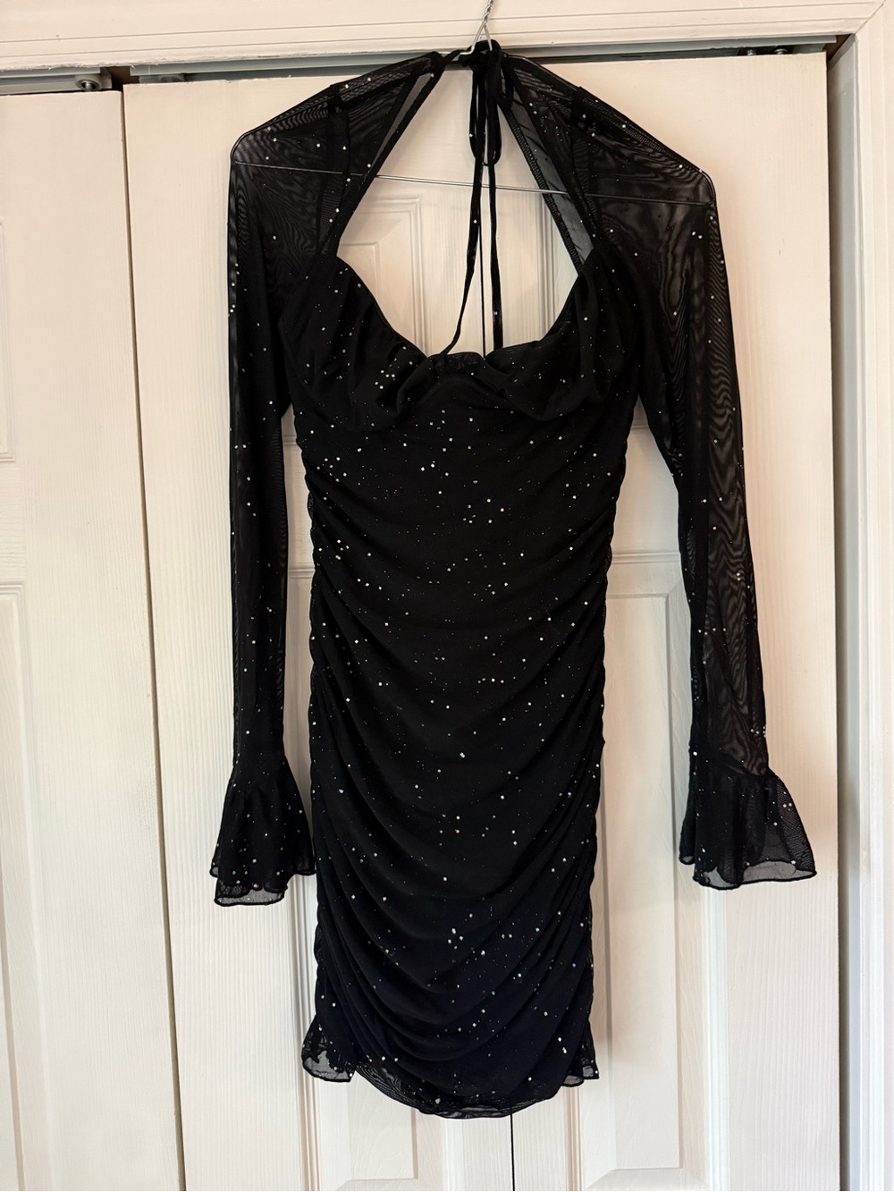 Black Sparkle Ruched Halter-Back Dress